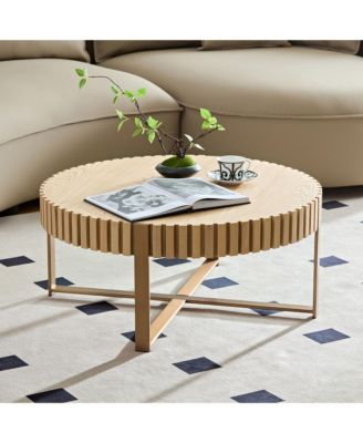 Modern Drum Coffee Table, 31.5'' Round Center Table with Fluted Edge and Sturdy Pedestal for Living Room