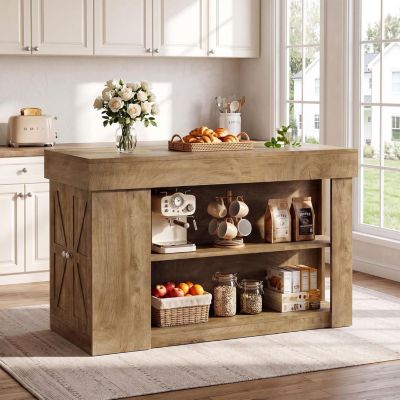 55" Kitchen Island with Seating, Farmhouse, Natural Brown