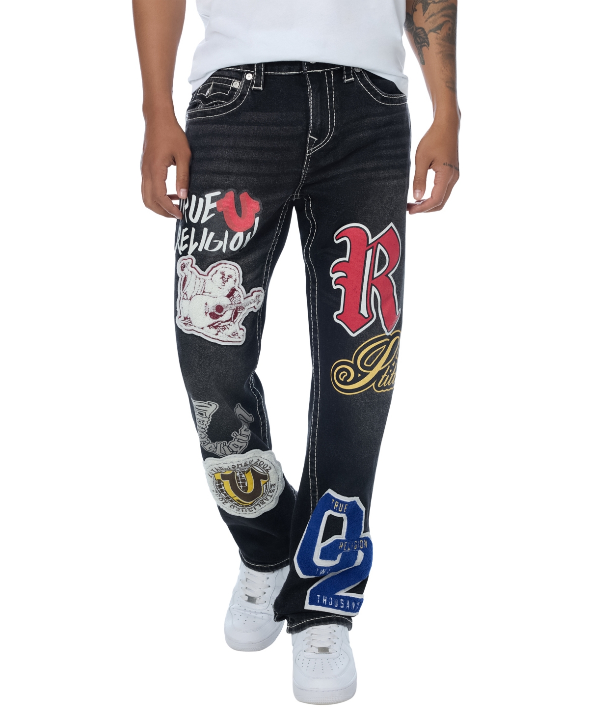 True Religion Men's Ricky Straight-Leg Graphic Patches Big T Stitching Jeans