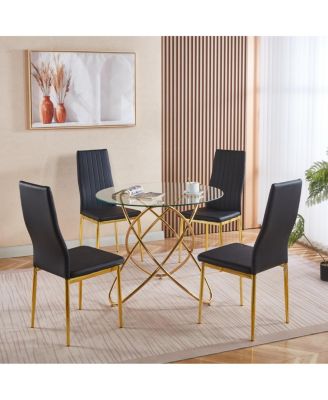 ,5pieces Dining Set, Metal Leg Mid-Century Dining Table with Glass Top