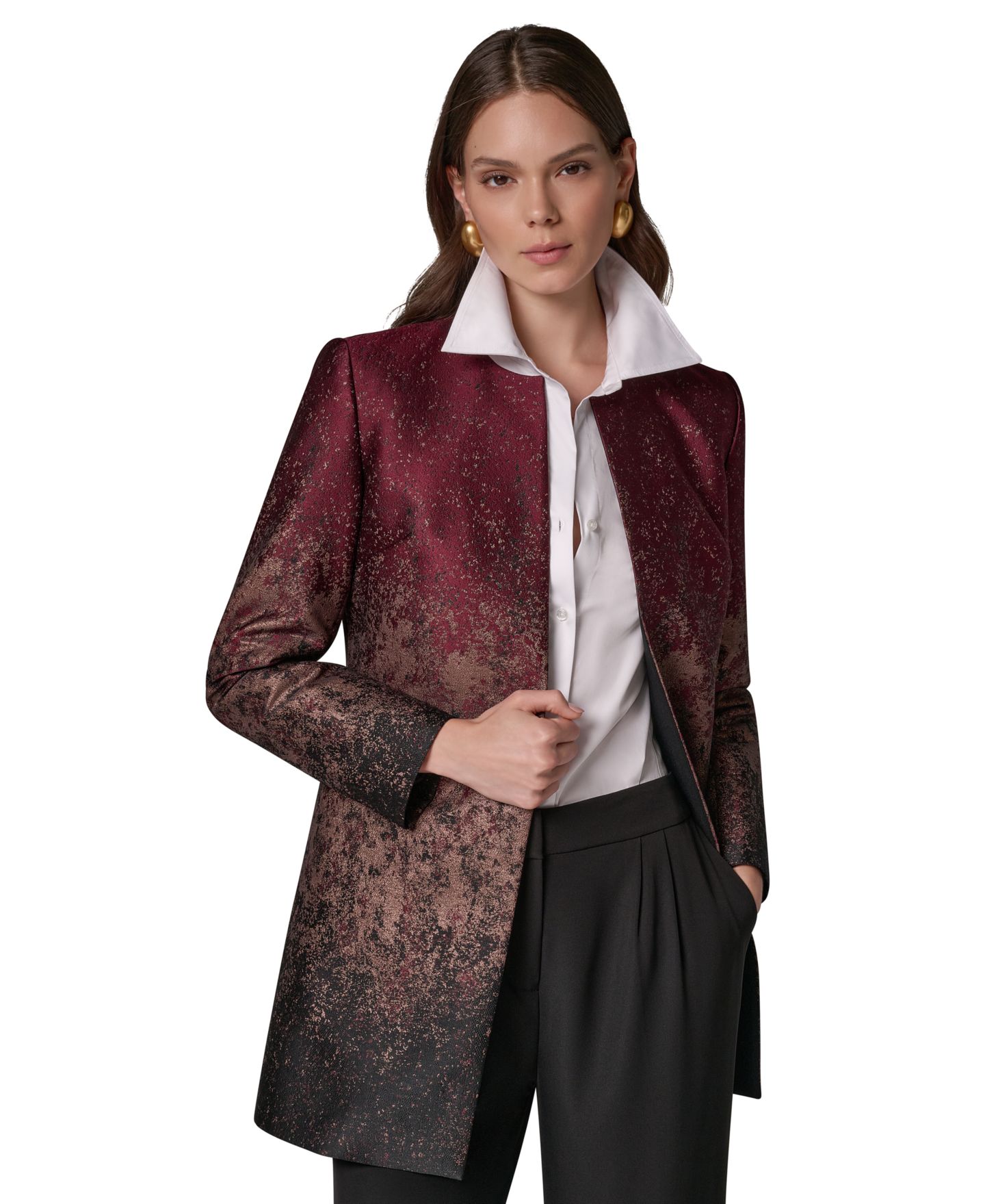 Женский пиджак Donna Karan New York Collarless Shoulder-Pad Blazer, цвет: Чёрный вишнёвый разноцветный — фото 9