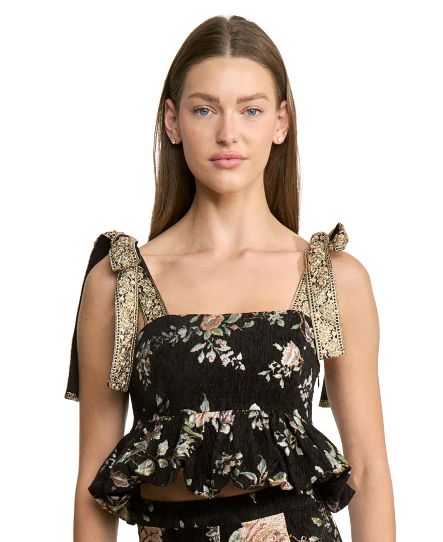 Женский топ En Saison Jasmine Floral-Print Square Neck Crop, цвет: Чёрный разноцветный — фото 1