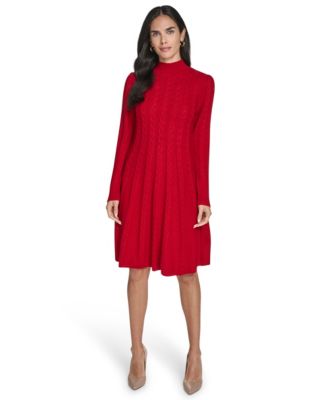 Women's Long-Sleeve Cable Fit & Flare Mock Neck Knee Length Dress