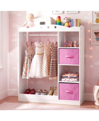 Kids Dress Up Storage with Full Length Mirror, Open Shelves, Hanging Rod and Drawers