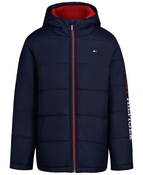Куртка Tommy Hilfiger Baby Boys' Hooded Fleece-Lined Sleeve Logo Puffer, цвет: Тёмно-синий