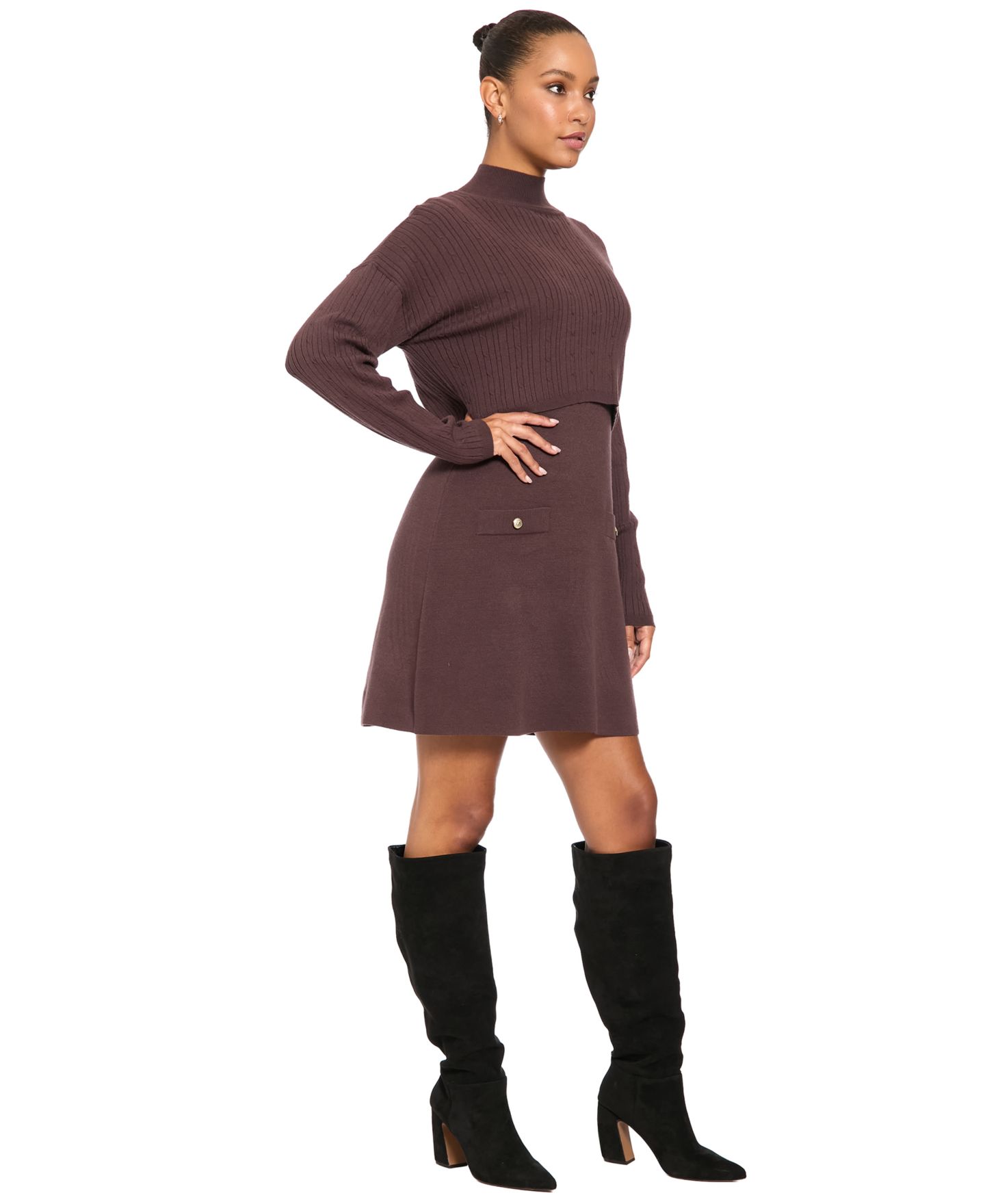 Женское платье London Times Mock Neck Long-Sleeve Two-Piece Sweater Dress, цвет: Шоколадный — фото 2