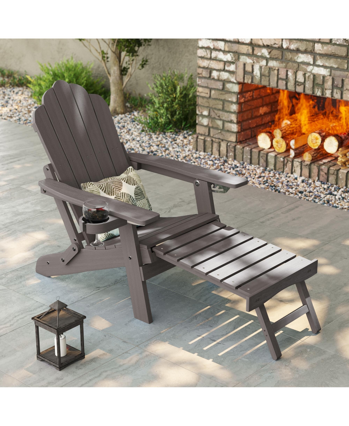 Sonkuki Folding Adirondack Chair with Retractable Ottoman, Weather Resistant Fire Pit Patio Cup Holder Lawn Outdoor Lounge
