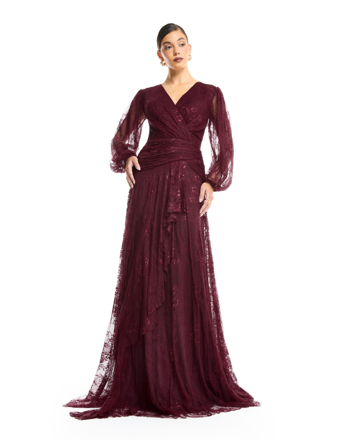 Amri Women's Wrap Lace Gown with Sheer Sleeves - Tiered Ruffle Draped Evening Dress