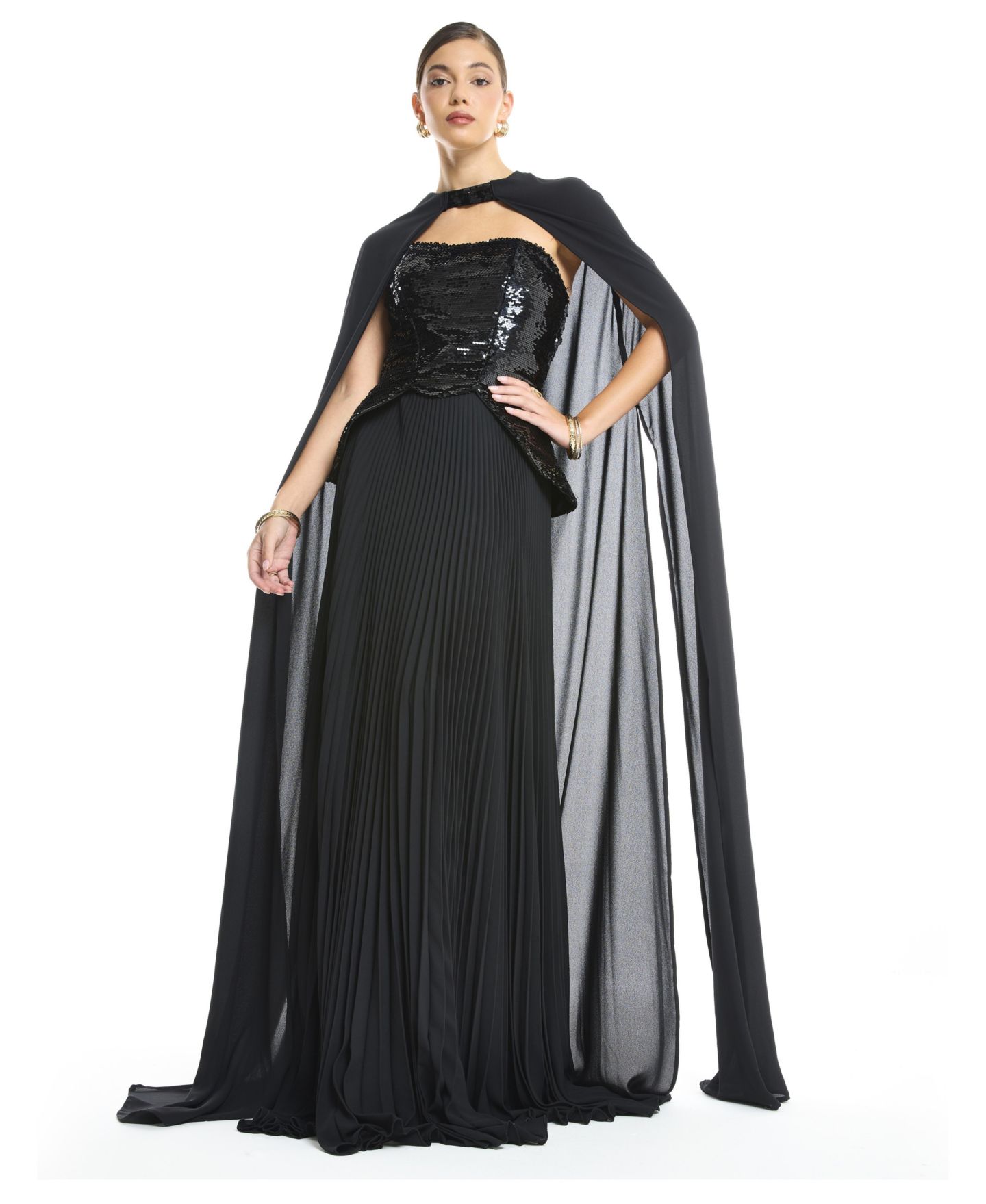 Женские платья AMRI Sequin Bustier Pleated Evening Gown with Detachable Cape, цвет: Чёрный — фото 2