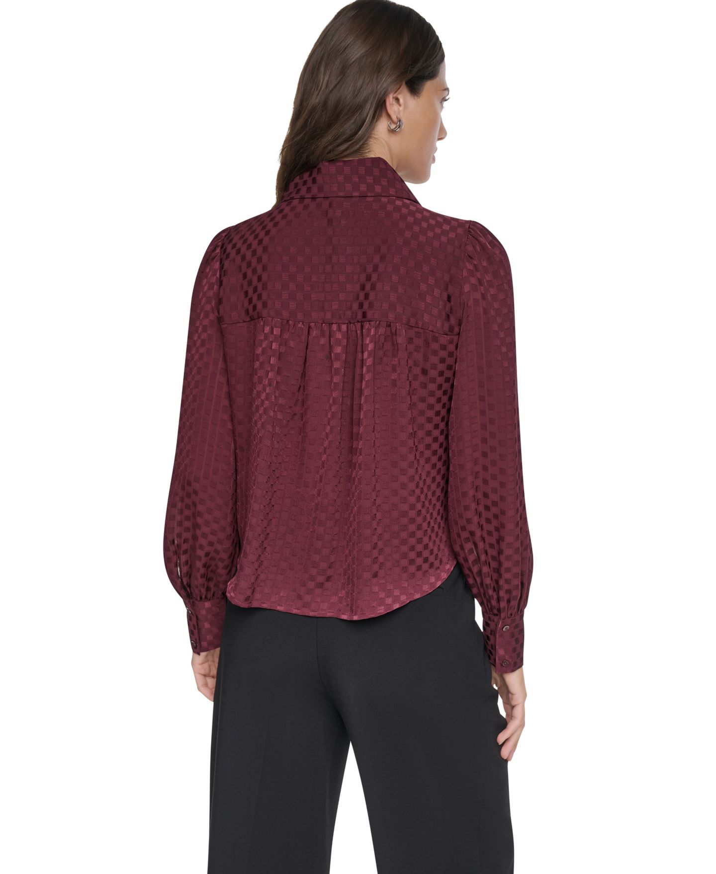 Женская блузка DKNY Petite Long-Sleeve Puff-Sleeve Button-Front Blouse, цвет: Каберне — фото 6