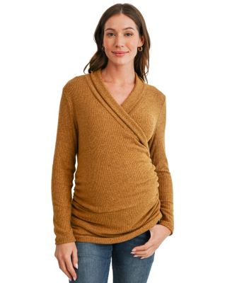 Maternity Nursing Ribbed-Knit Crossover V-Neck Long-Sleeve Top