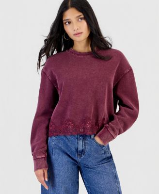 Petite Lace-Trim Long-Sleeve Fleece Lounge Sweatshirt