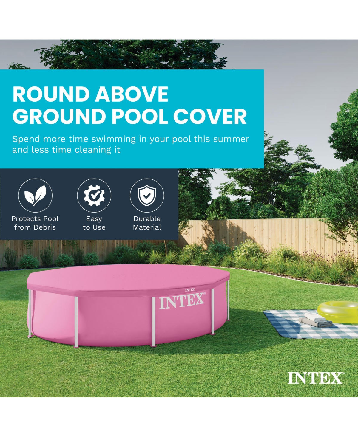 Intex 10 Foot Round Metal Frame Outdoor Backyard Swimming Pool Cover, Pink