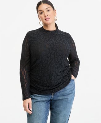 Plus Size Leopard-Print Lace Long-Sleeve Mock Neck Top