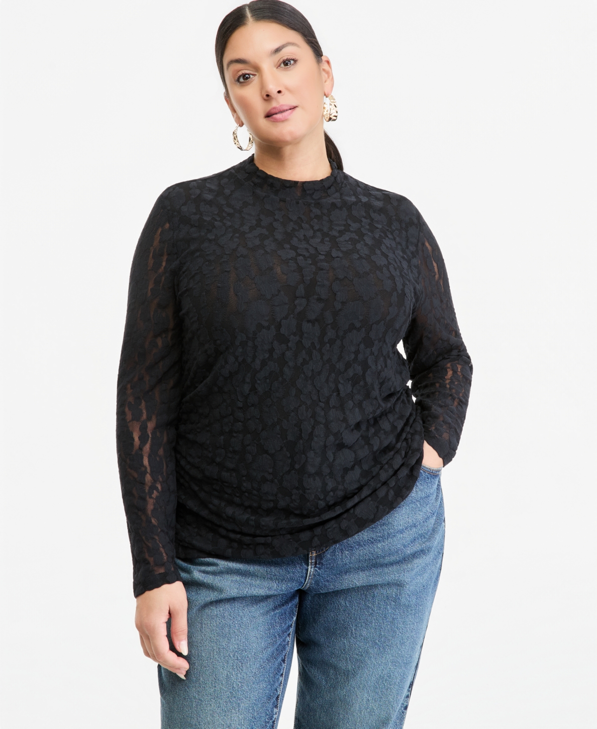 I.n.c. International Concepts Plus Size Leopard-Print Lace Long-Sleeve Mock Neck Top, Macy's Exclusive - Deep Black