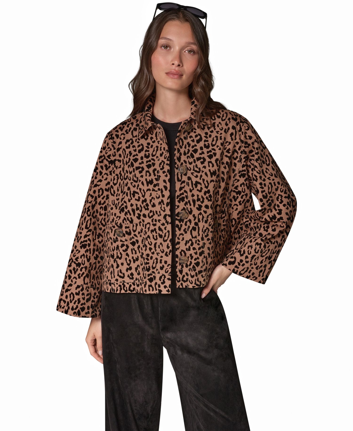 Women's Flocked Canvas Leopard-Print Bell-Sleeve Trapeze Jacket
