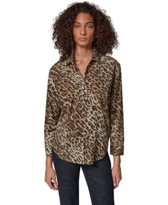 Women's Leopard-Print Collared Voile Long-Sleeve Blouse