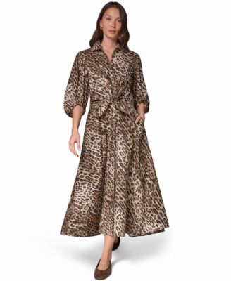 Women's Leopard-Print Voile Cocoon-Sleeve Midi Shirt Dress