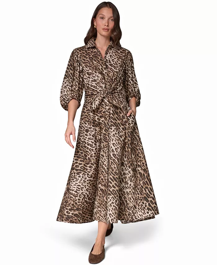 Women's Leopard-Print Voile Cocoon-Sleeve Midi Shirt Dress