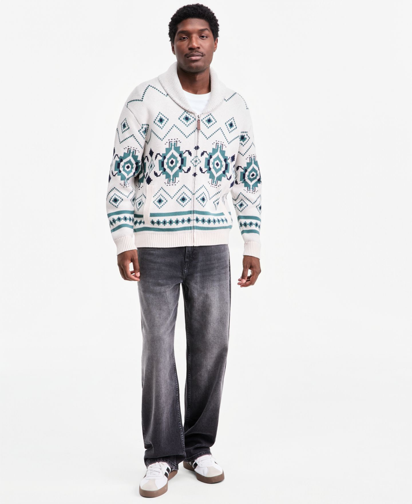 Мужская куртка Sun + Stone Fair Isle Full-Zip Shawl-Collar Sweater Jacket, цвет: Серо-бежевый — фото 4
