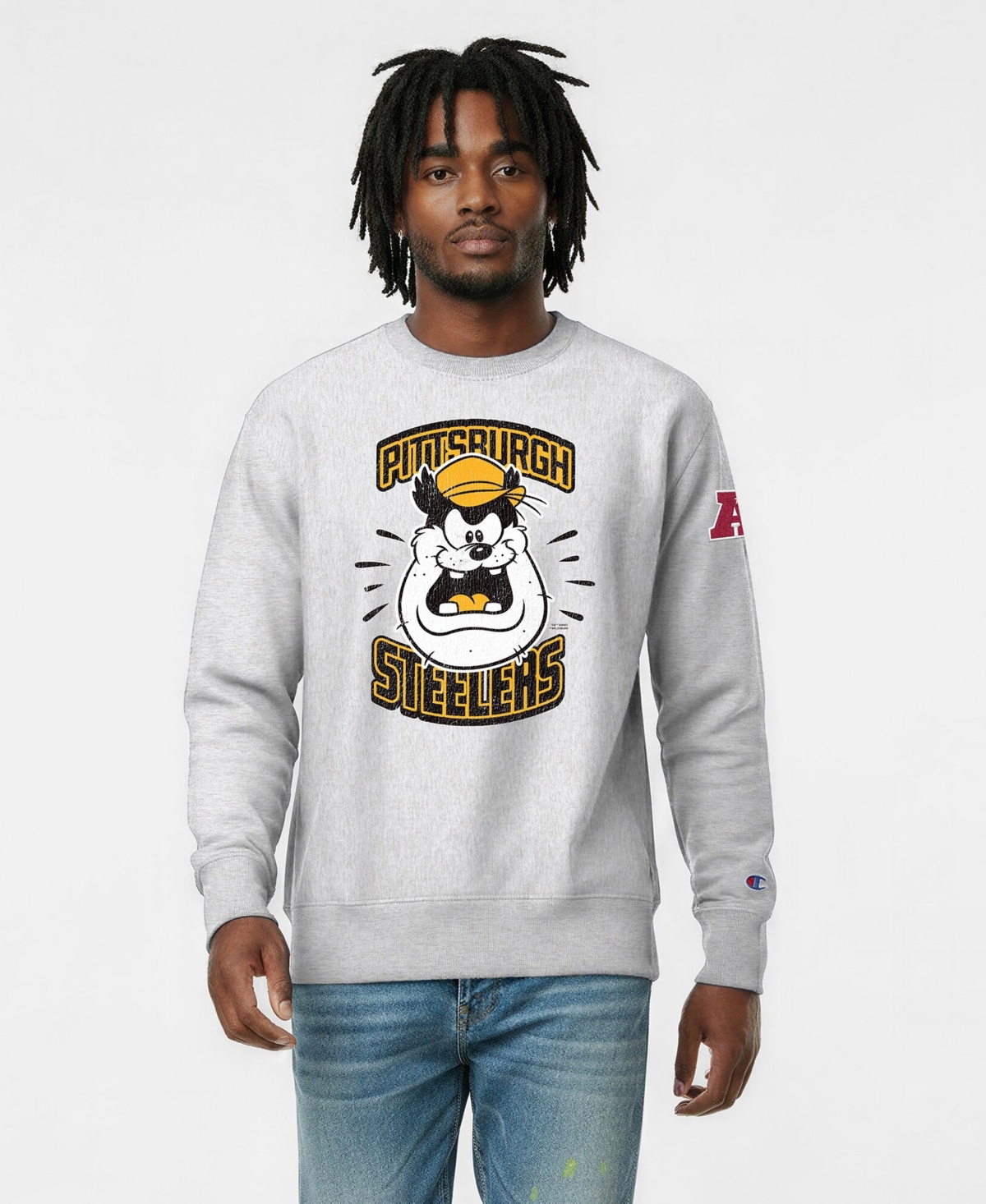 Champion Men's Silver Pittsburgh Steelers Disney X Reverse Weave Fleece Crewneck Sweatshirt