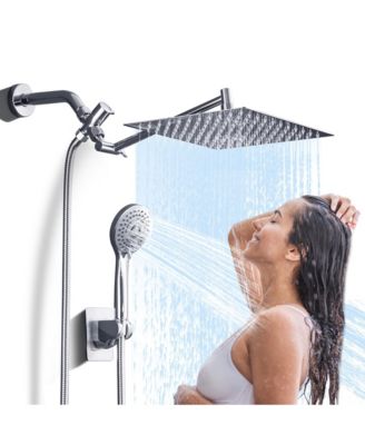 10" Rainfall Shower Head Square Stainless Steel Handheld Spray Anti-clog Extension Arm 5 Modes Bathroom