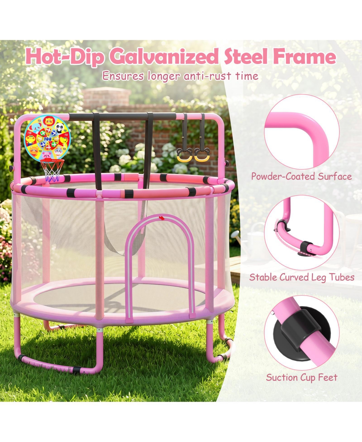 Gymax 60'' Trampoline for Kids with Enclosure with Adjustable Gymnastics Bar Swing Toys