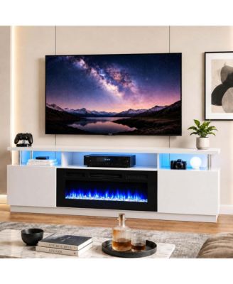 70 Inch Black Fireplace TV Stand 36 Inch Electric Fireplace 2 Tier Media Console 12 Flame Colors 750W 1500W Heater MDF Iron Glass