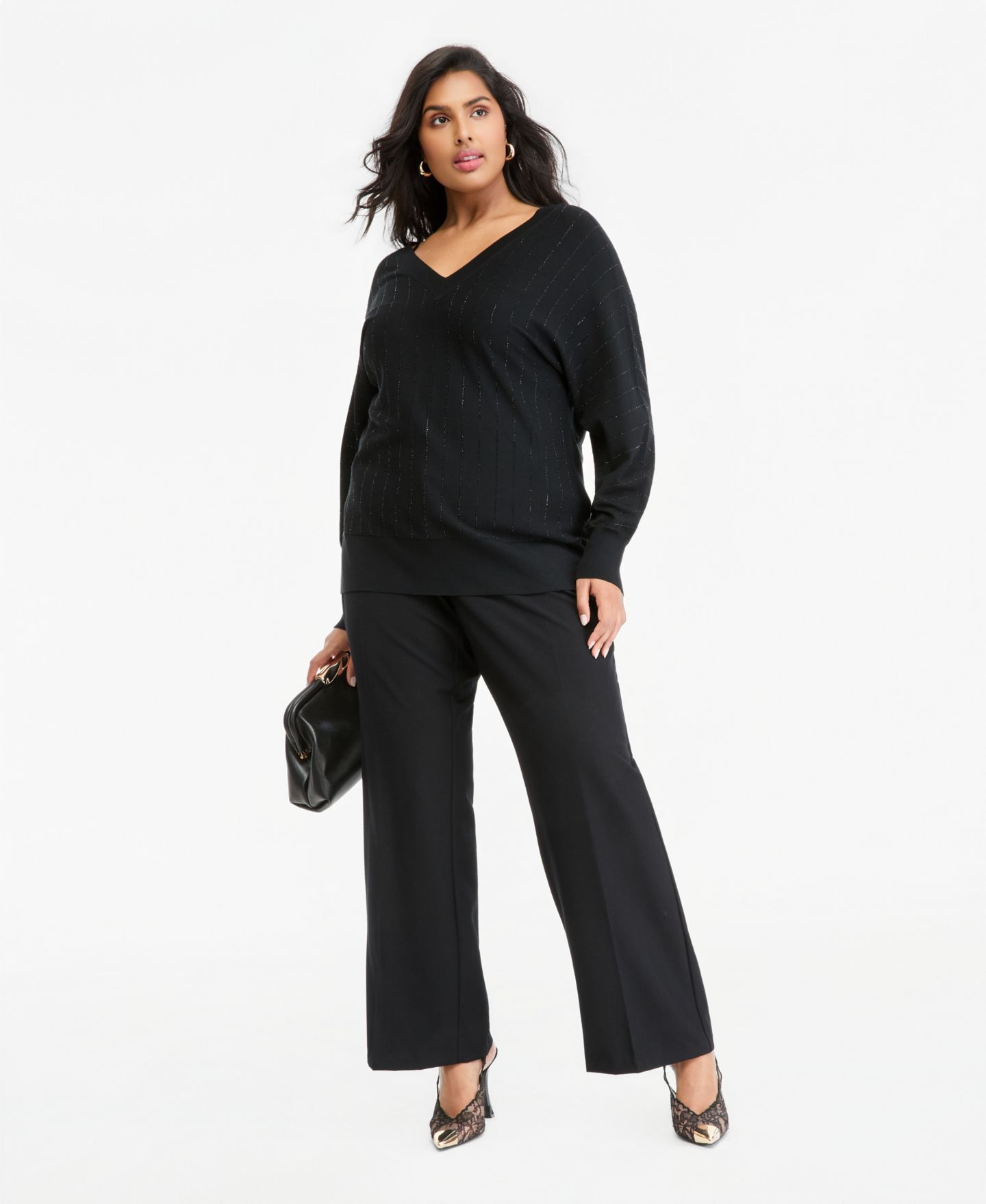Женский свитер I.N.C. International Concepts Plus Size Rhinestone-Stripe V-Neck Pullover, цвет: Глубокий чёрный — фото 4