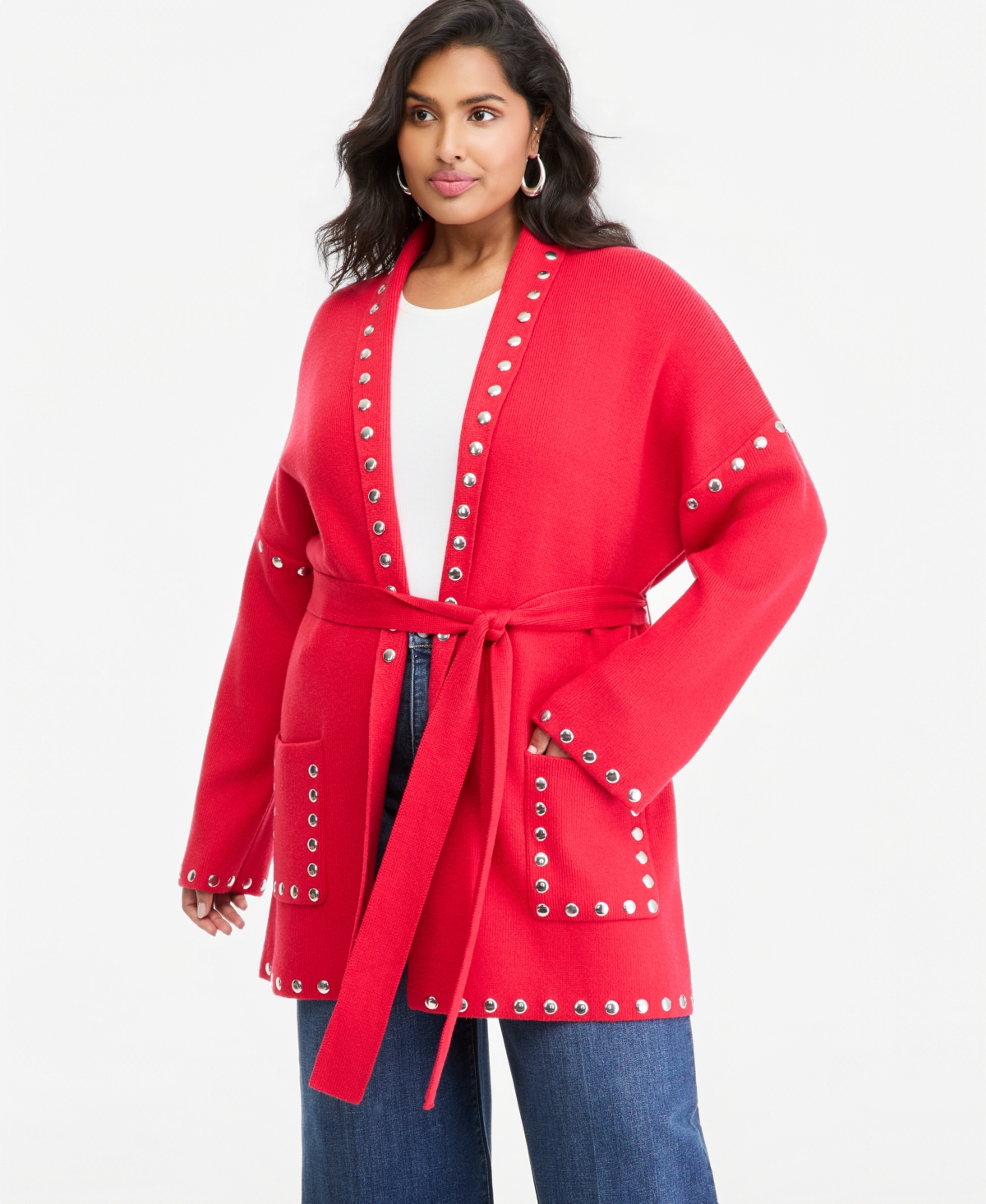 I.n.c. International Concepts Plus Size Studded Tie-Waist Cardigan, Macy's Exclusive - Real Red