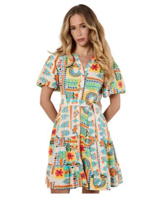 Women's Tropical Animation Puff-Sleeve Tropical-Print Tiered Mini Dress