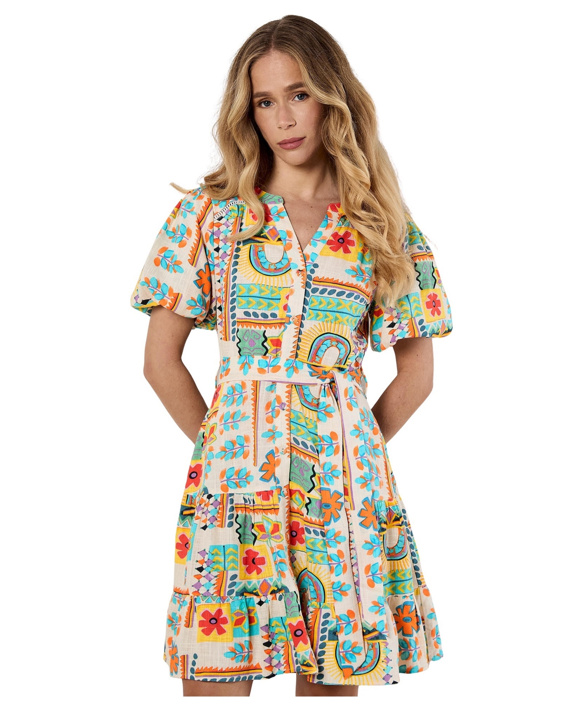 Apricot Women's Tropical Animation Puff-Sleeve Tropical-Print Tiered Mini Dress