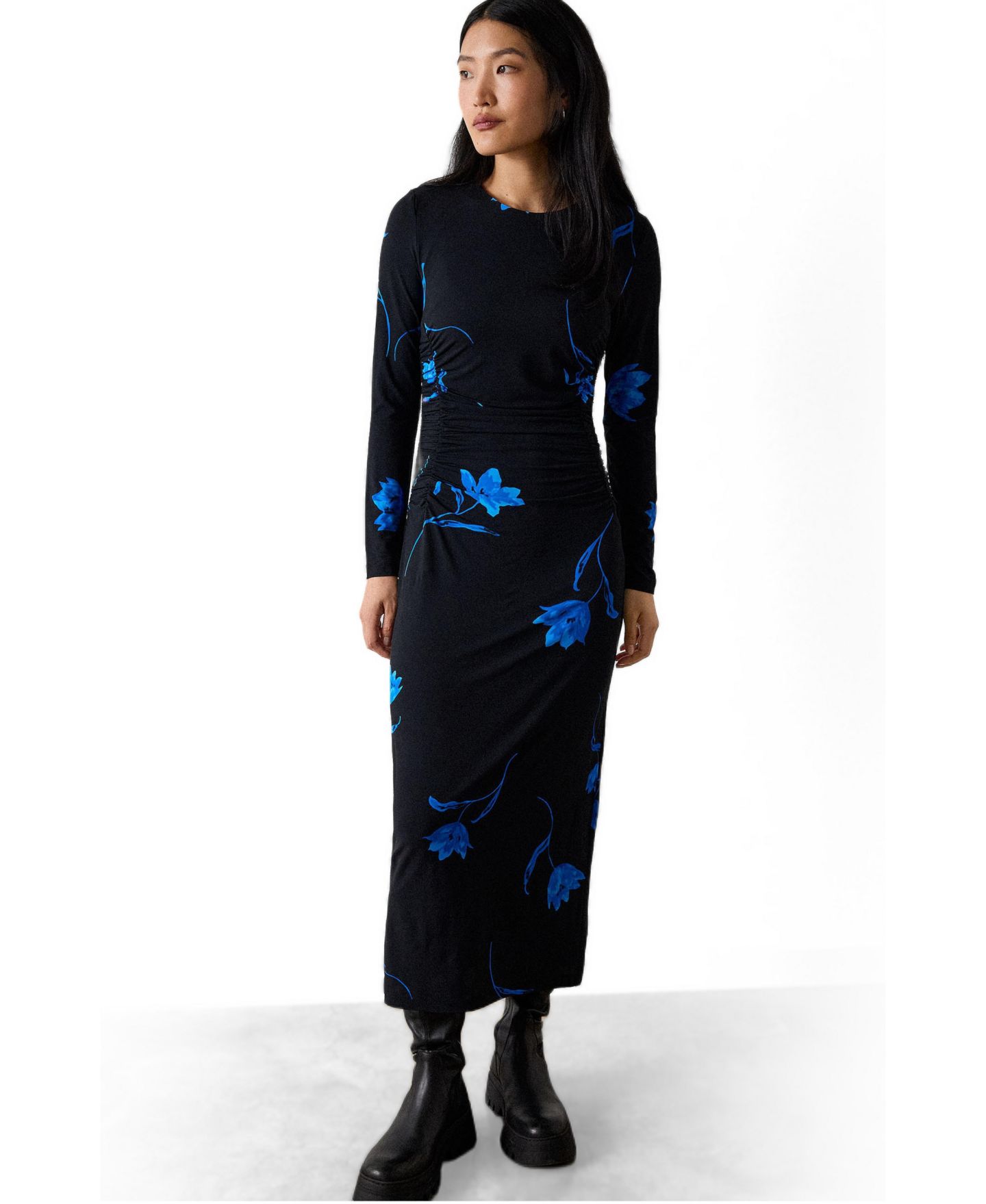 Женское платье Whistles Floral Long-Sleeve Midi Jersey, цвет: Чёрный / Разноцветный — фото 1