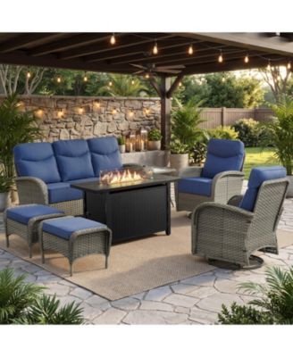 7 Pieces Patio Furniture Set with Fire Pit High Back Outdoor Furniture Set 6-inch Cushions Wicker Patio Swivel Rocker Chairs