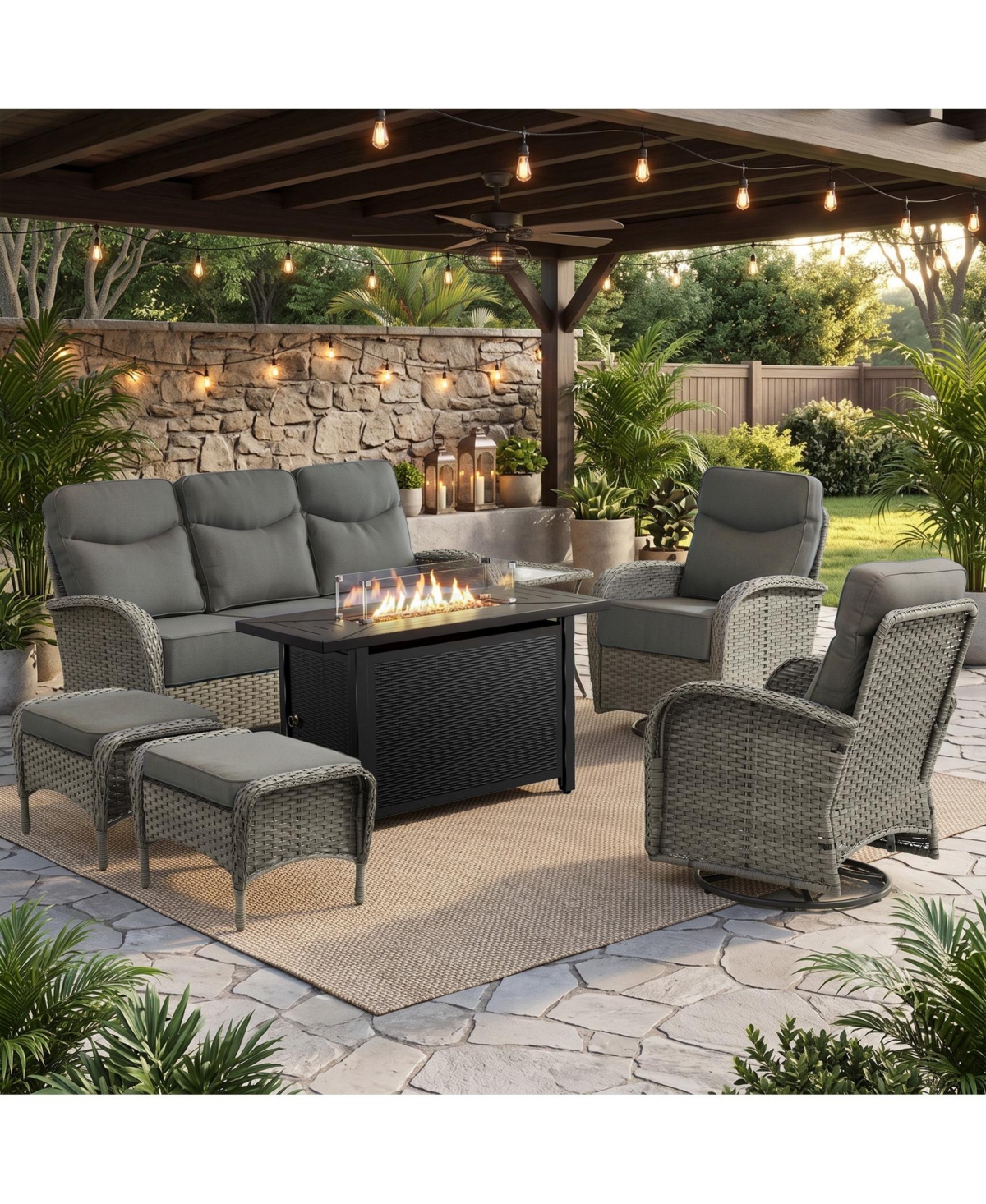 Pocassy 7 Pieces Patio Furniture Set with Fire Pit High Back Outdoor Furniture Set 6-inch Cushions Wicker Patio Swivel Rocker Chairs