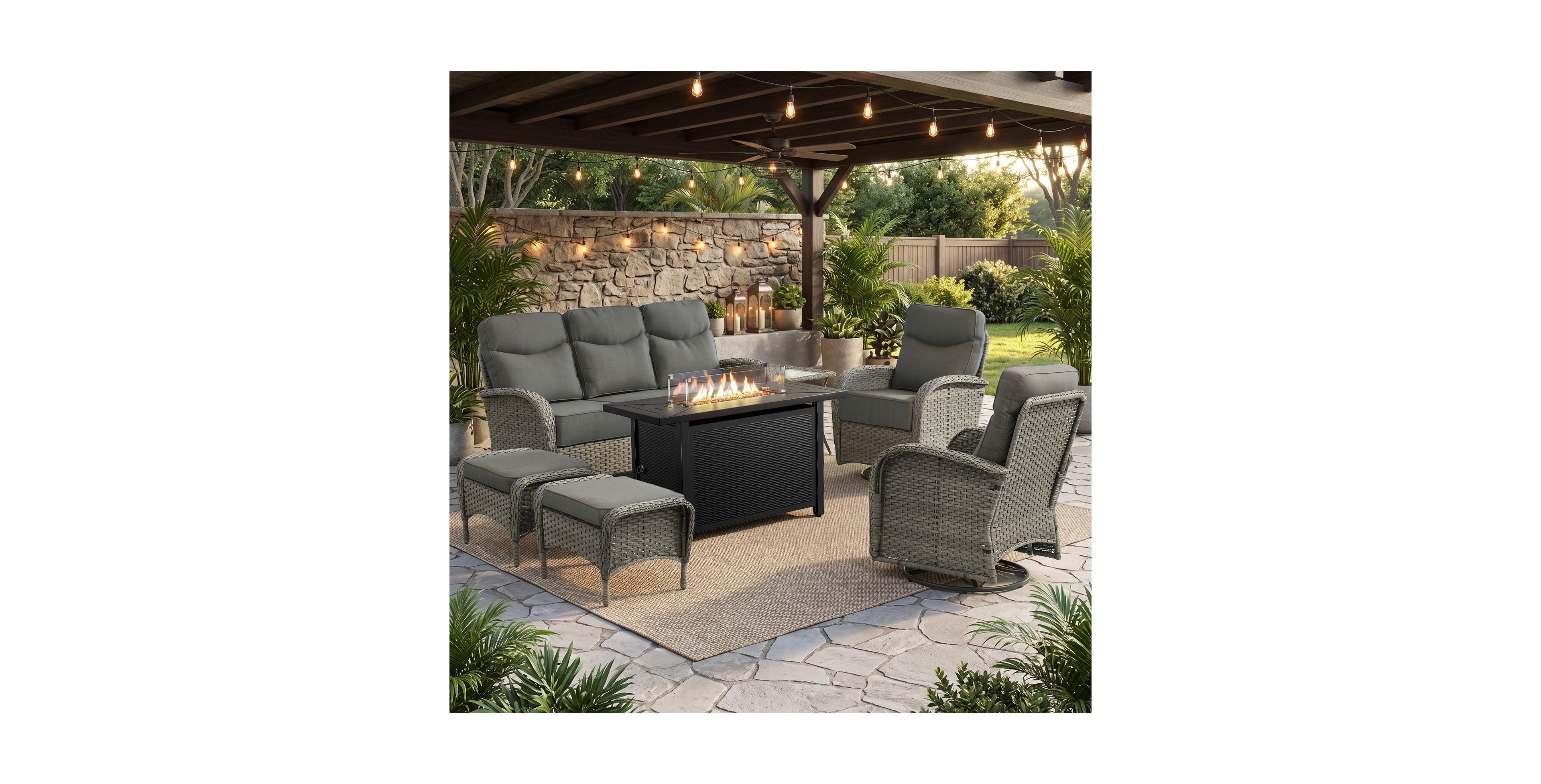Pocassy 7 Pieces Patio Furniture Set with Fire Pit High Back Outdoor Furniture Set 6-inch Cushions Wicker Patio Swivel Rocker Chairs