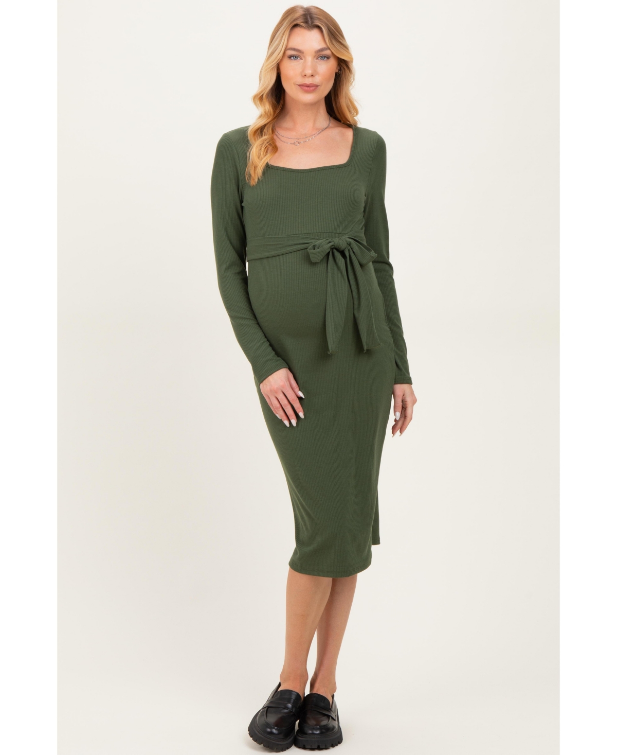 Pinkblush Women's Olive Ribbed Long Sleeve Square Neck Tie Belt Midi Dress