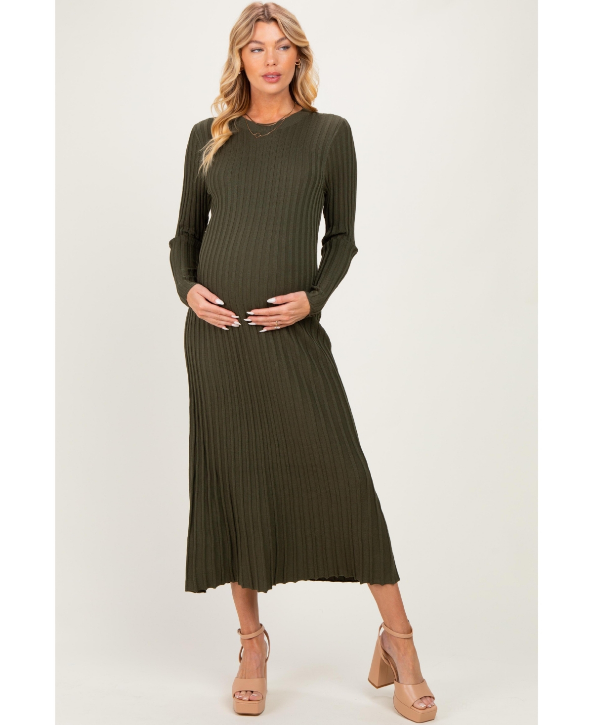 Pinkblush Maternity Long-Sleeve Ribbed Crewneck Sweater Midi Dress