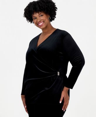 Plus Size Faux-Wrap Velvet V-Neck Blouse