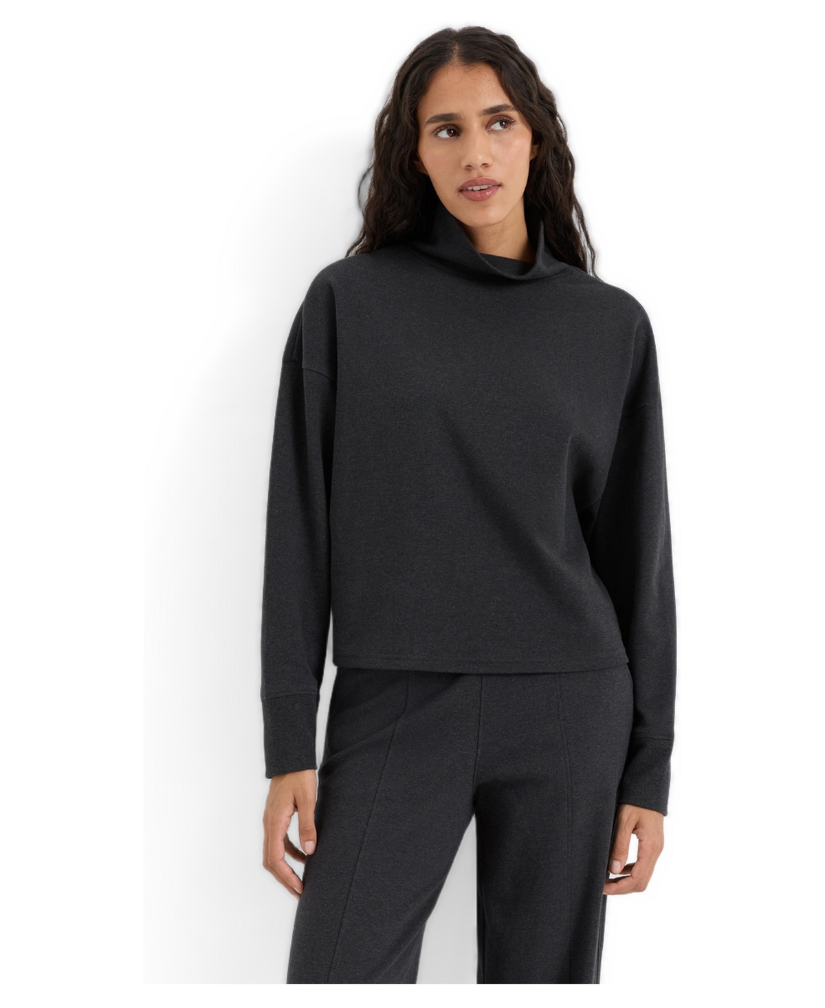 Pact Women's Organic Cotton Roam Funnel Neck Top - Dark charcoal heather