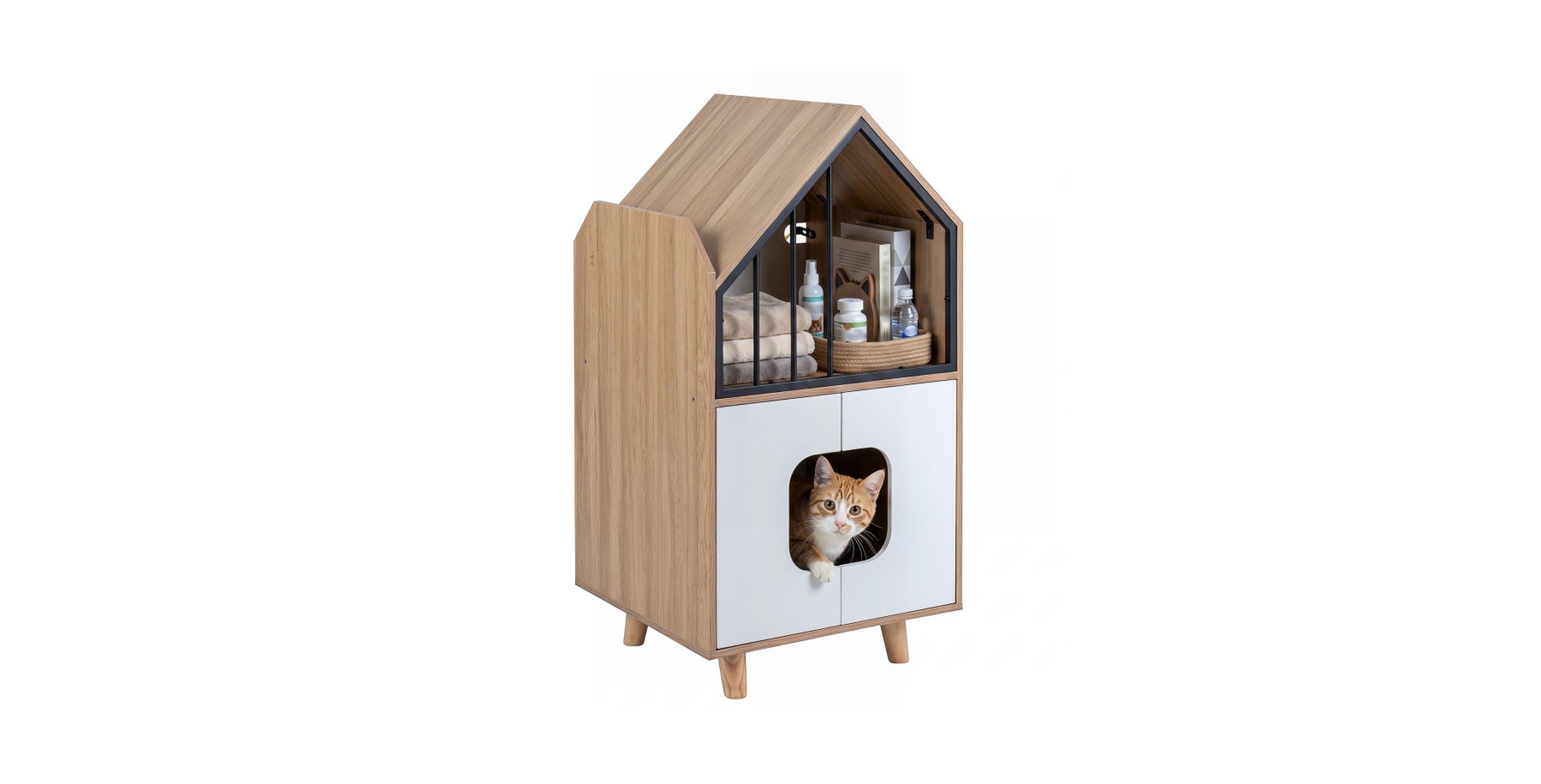 Sugift 39.5 Inch House-Shaped Cat Litter Box Enclosure with Upper Retreat and 2-Door Cabinet