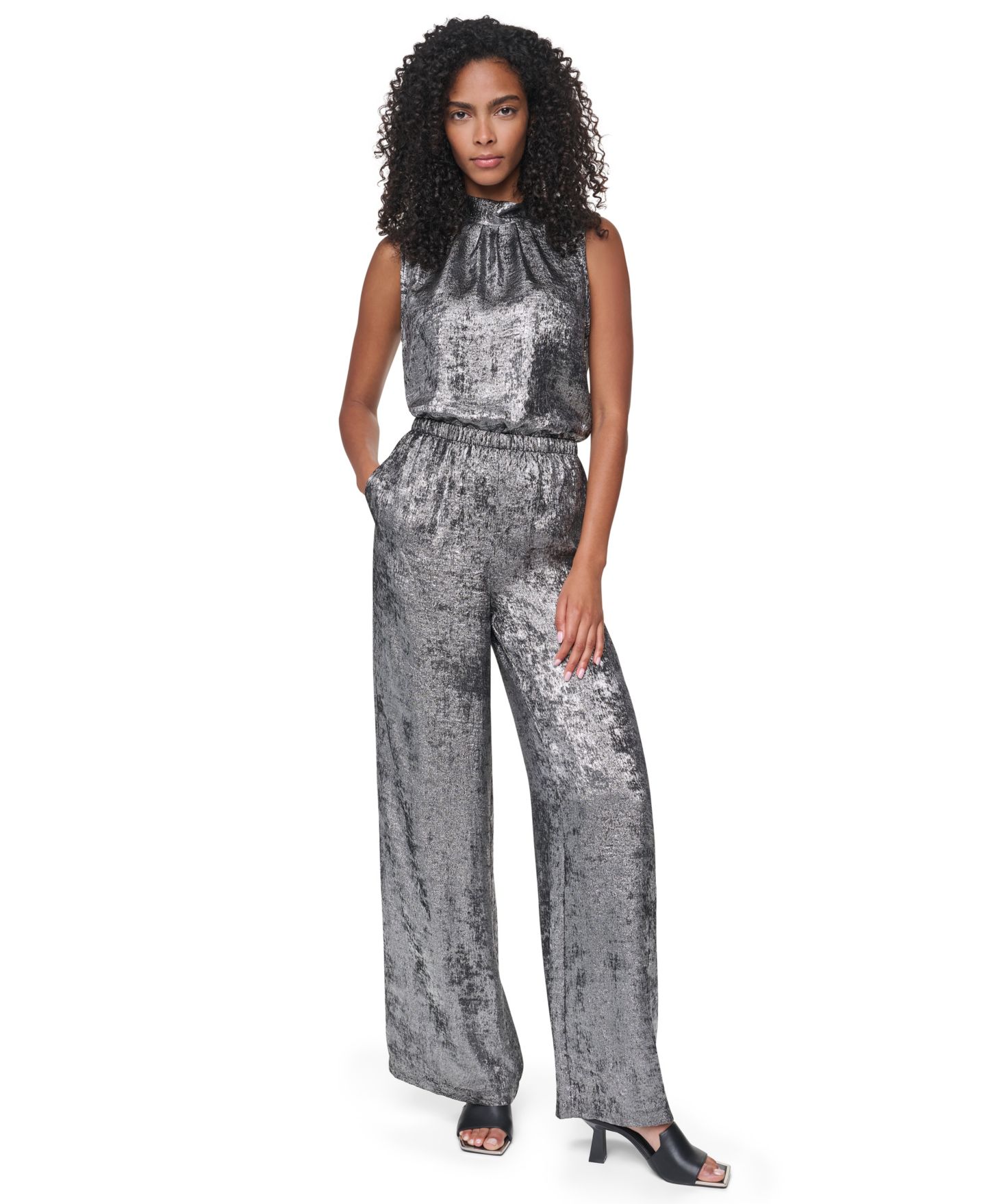 Женские широкие бархатные брюки DKNY Empire State Steel с высокой посадкой, цвет: Графитовый металлик — фото 2
