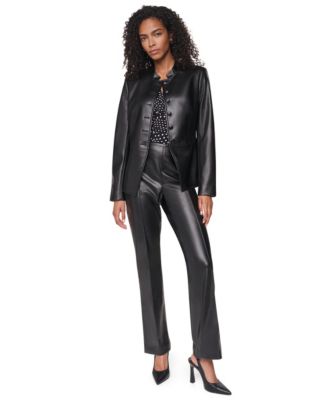 Women's Shoulder-Padded Long-Sleeve Faux Leather Jacket & High-Waisted Flared Faux Leather Pants
