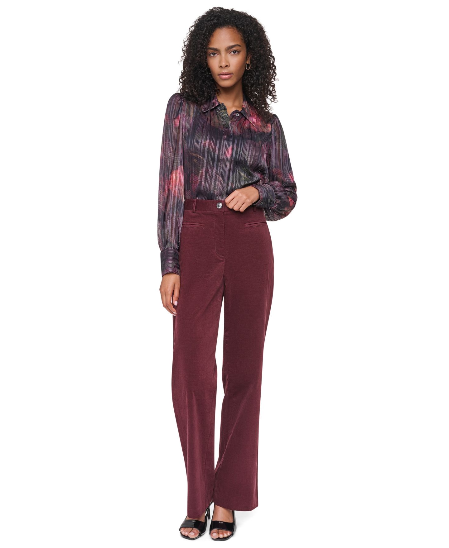 Женские брюки DKNY Stretch High-Waisted Straight-Leg Corduroy, цвет: Каберне — фото 2