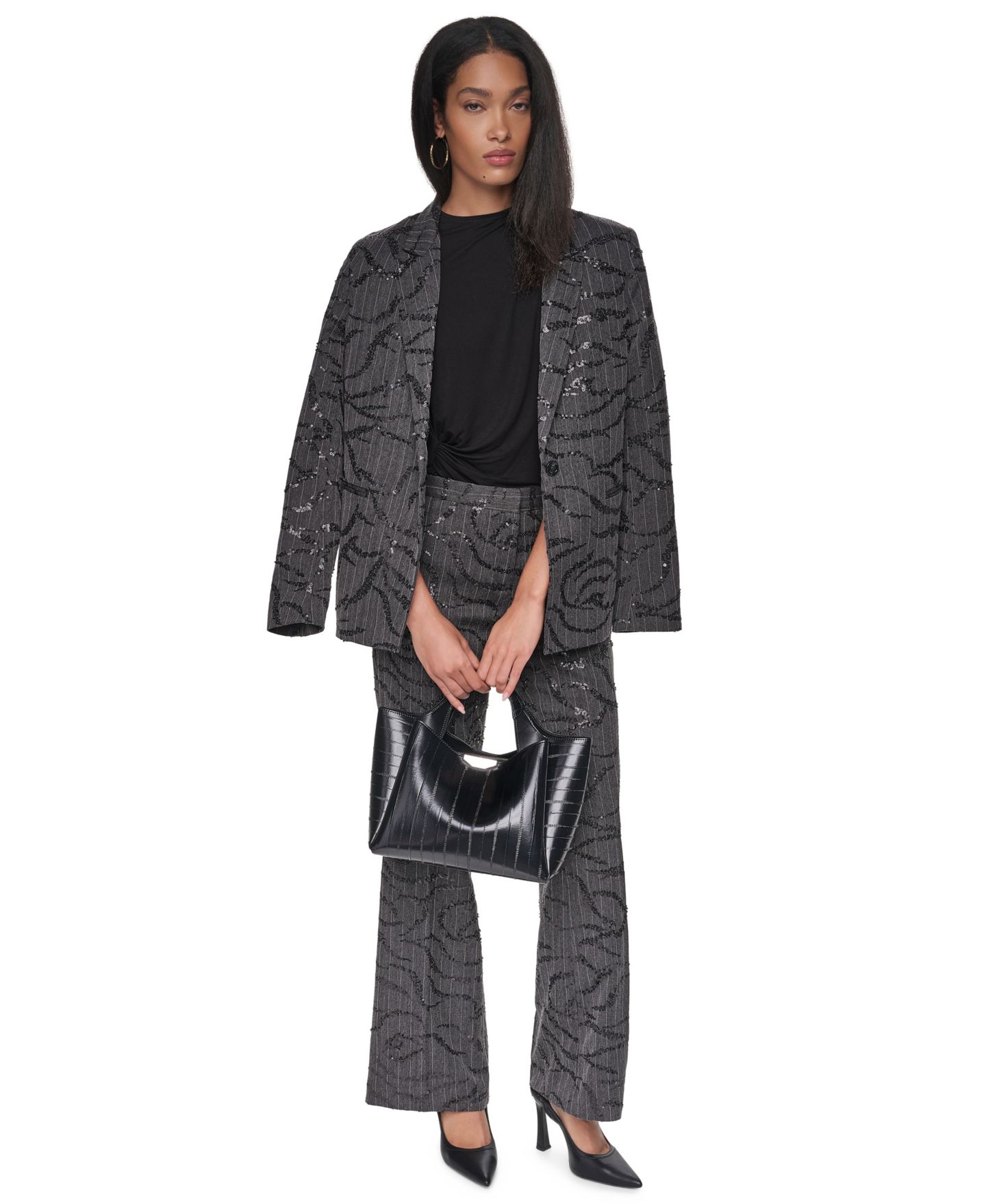 Женский пиджак DKNY Sequin Herringbone Stretch Blazer, цвет: Угольный / Белый — фото 7