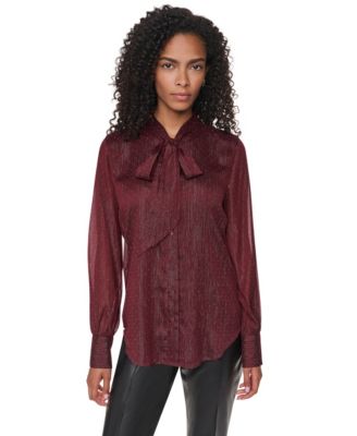 Women's Long-Sleeve Polka-Dot Tie-Neck Blouse