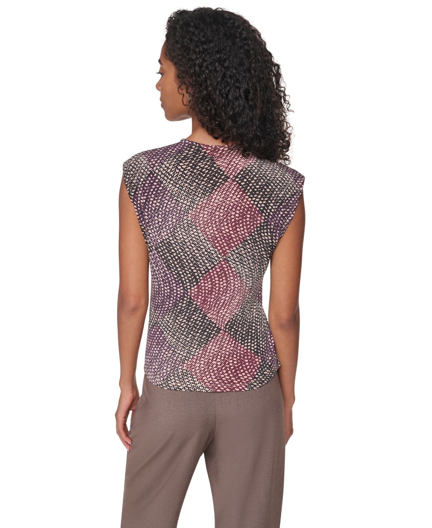Женская блузка DKNY Mock-Neck Sleeveless Knot-Front Blouse, цвет: Каберне разноцветный — фото 4