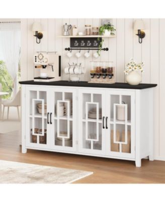 63" Farmhouse Sideboard Buffet with 4 Tempered Glass Doors, Adjustable Shelves, Kitchen and Dining Room