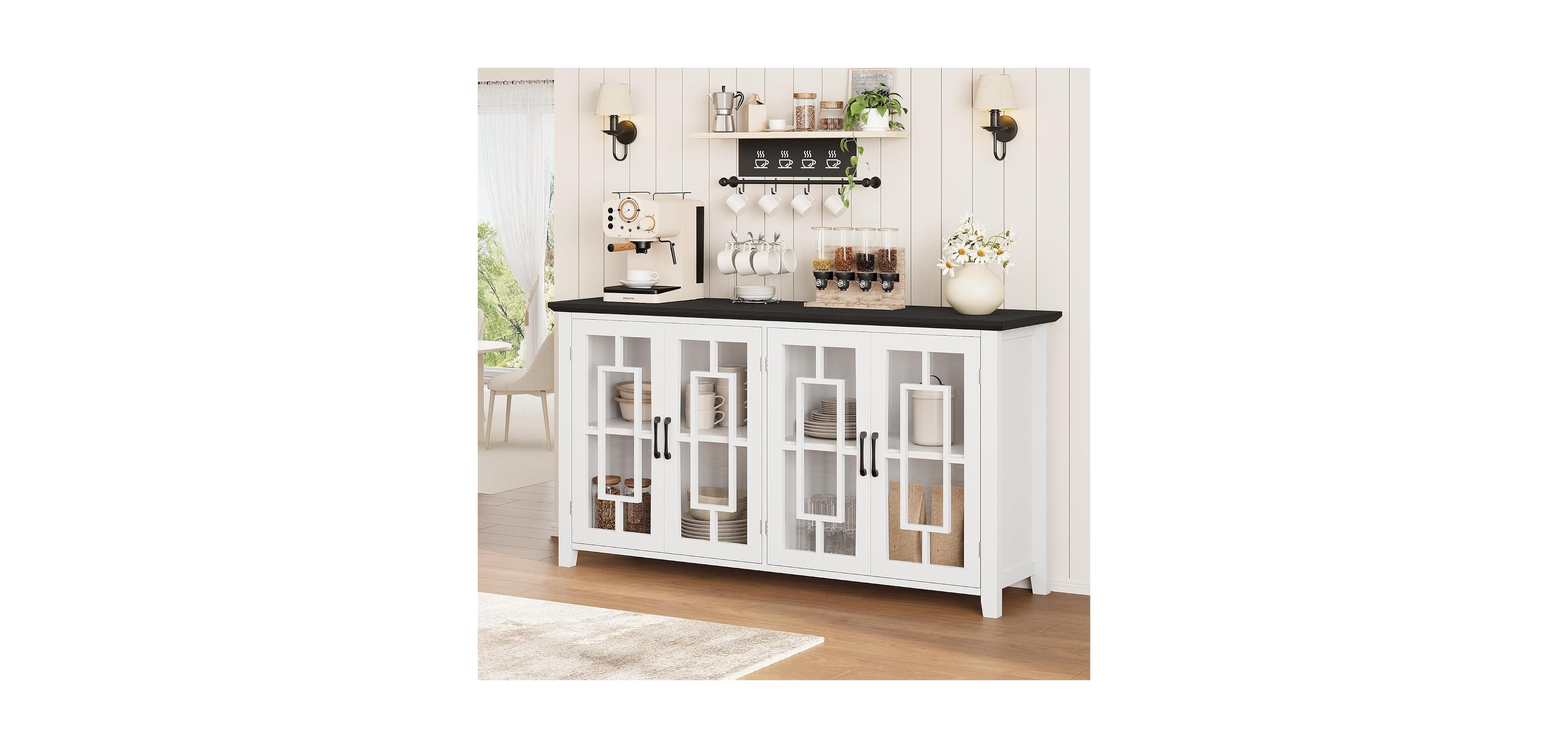 gaomon 63" Farmhouse Sideboard Buffet with 4 Tempered Glass Doors, Adjustable Shelves, Kitchen and Dining Room