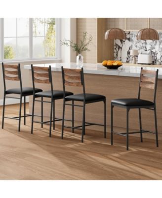 Bar Stools Set of 4, Faux Leather Upholstered Bar Chairs with Back and Footrest, Counter Height